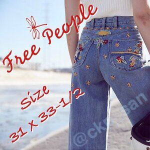 Free People Embroidered Courter Wide Leg Jeans Size 31